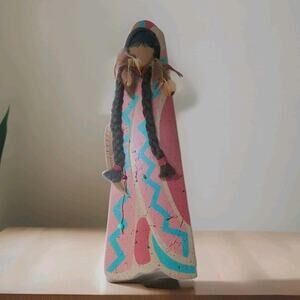 Vintage Wood 3D Native American Maiden Feathers Beads Braided Hair Wall Decor